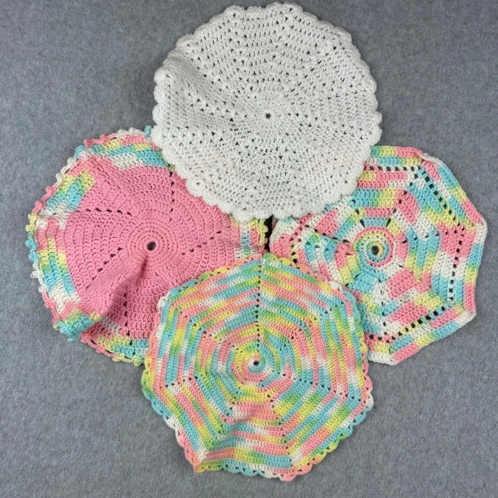 Vintage Handmade Crochet Doily Set 4pc Pastel Multi Color White Round Octagon